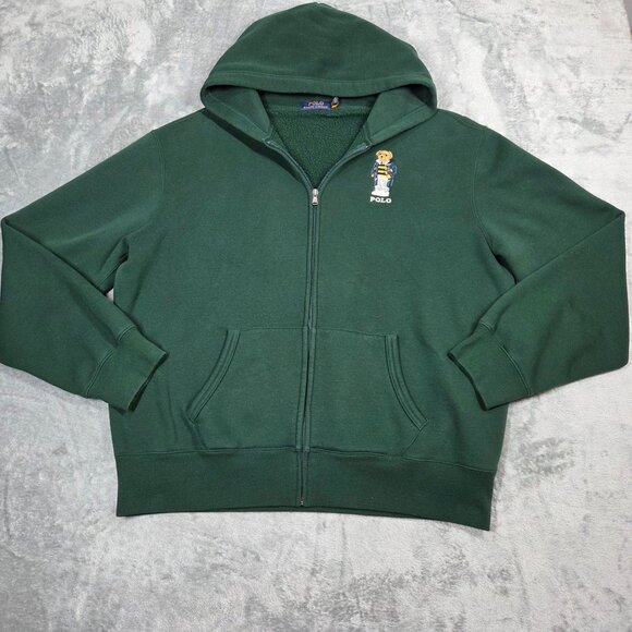 Polo Ralph Lauren Hoodie Mens XL Green Embroidered Polo Bear Rugby Zip Up Preppy - Picture 1 of 9